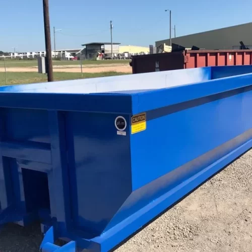 a large blue roll off dumpster